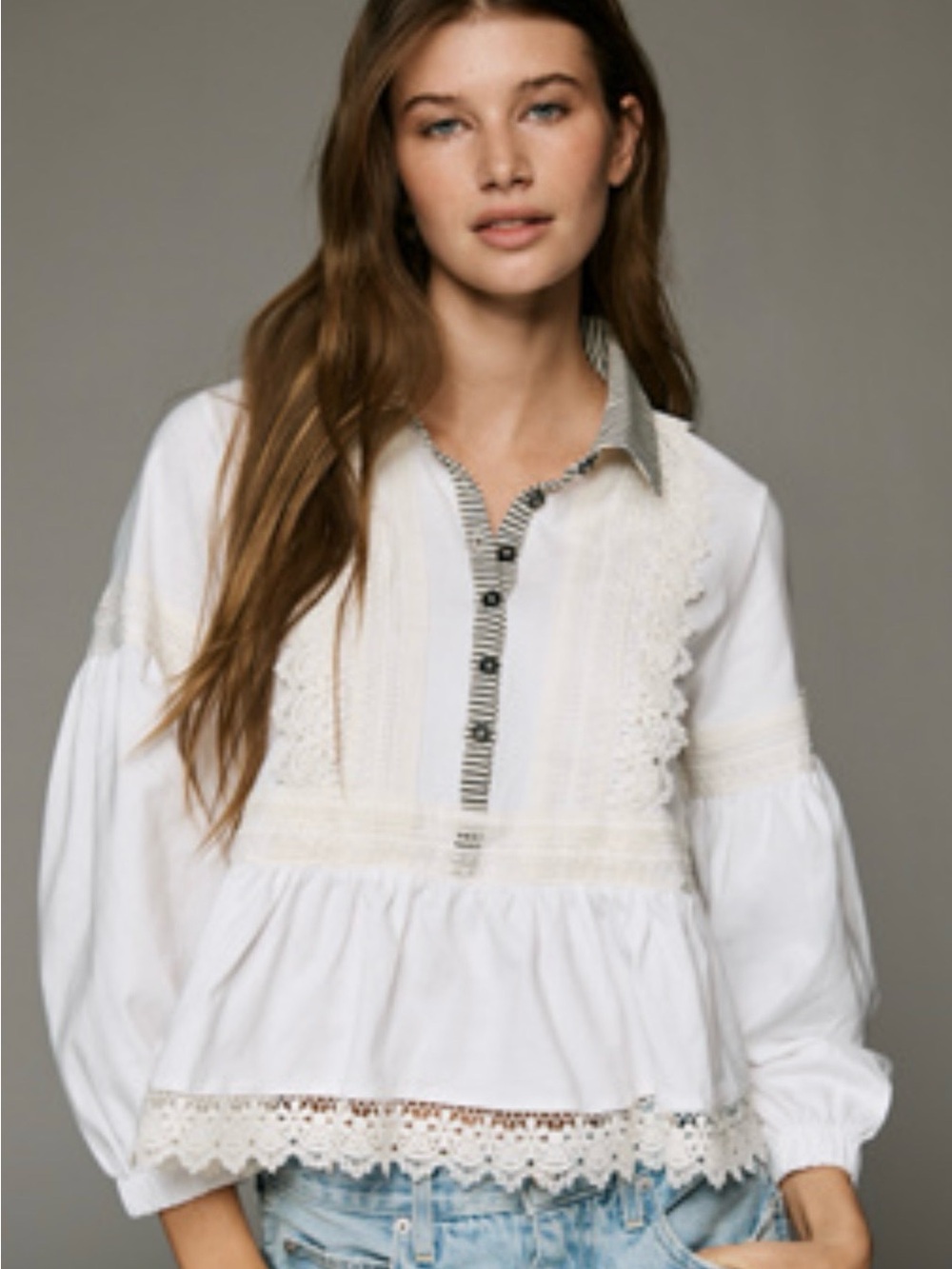 Maeve Cream Lace-Trim Peplum Blouse